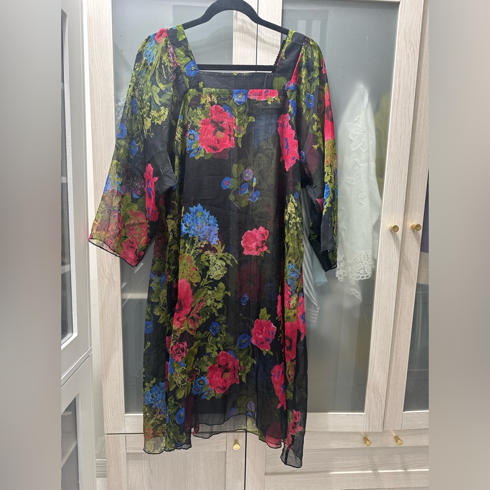 Floral Sheer Dress - Black, Red, Blue, Green